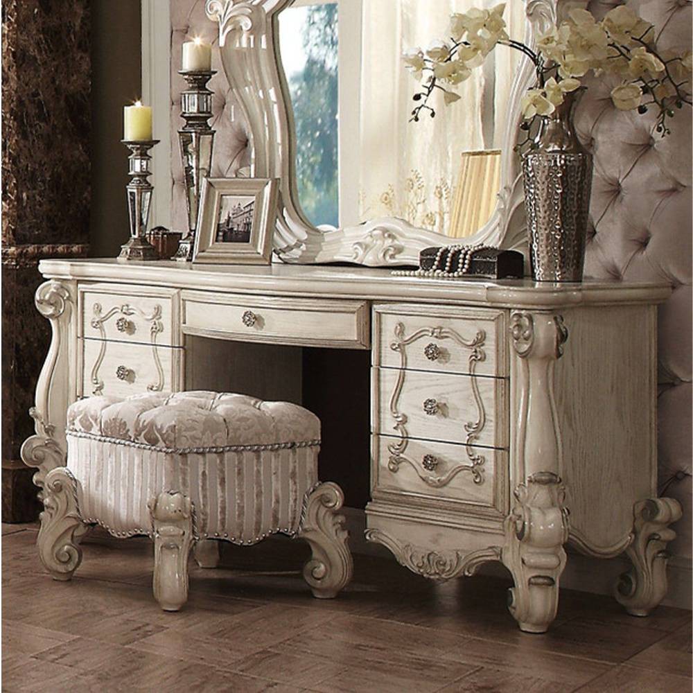 Photos - Bedroom Set 65" Vendome Vanity Table Beige Synthetic Leather and Antique Silver Finish