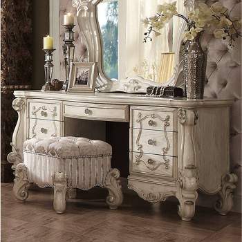 65" Vendome Vanity Table Beige Synthetic Leather and Antique Silver Finish - Acme Furniture