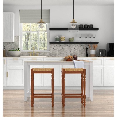 Elegant Backless Walnut Wood Counter Stool with Handwoven Seat