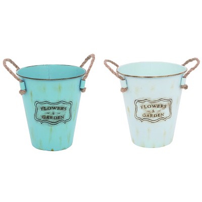 Transpac White and Blue Metal Flowers + Garden Bucket Set of 2 Home Decorations