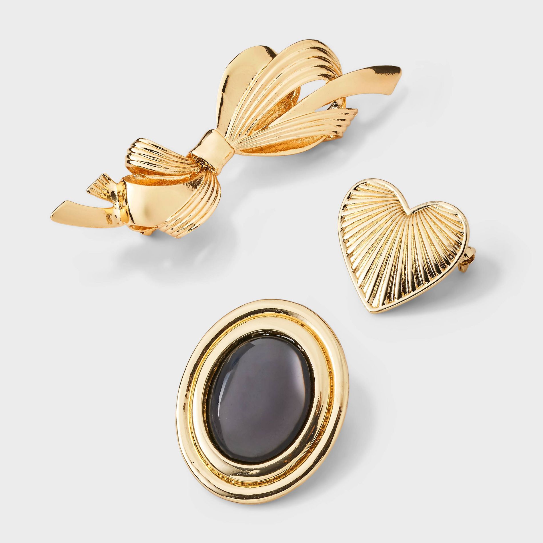 Bow & Heart Brooch Pin Set 3pc - A New Day™ Gold