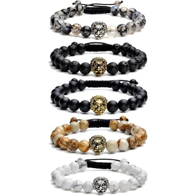 5-Pack Handmade Natural Stone Bead Bracelets for Men & Women, Adjustable Lava Rock & Agate Bracelet Set