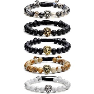 5-Pack Handmade Natural Stone Bead Bracelets for Men & Women, Adjustable Lava Rock & Agate Bracelet Set - 1 of 4