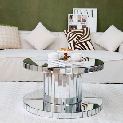 31.5" Round Mirror Pedestal Coffee Table with Fluted Glass Base,Silver Double-Tier Accent Table for Living Room–The Pop Home