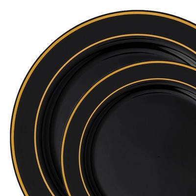 Smarty Had A Party Black w/ Gold Edge Rim Plastic Dinnerware Set - 120 Sets
