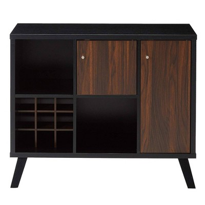 Wooden Wine Bar Storage Cabinet with 2 Door Cabinet and Storage Cubes Black/Brown - Benzara