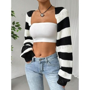 Coolmee Women's Long Sleeve Open Front Knitted Crop Cardigan Drop Shoulder Color Block Striped Bolero Shrug Sweater - 1 of 4