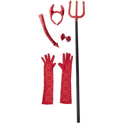 Blue Panda 5 Sets Halloween Red Devil Costume Accessory - Lace Gloves, Tail, Bow Tie, Headband, Pitchfork for Halloween Parties
