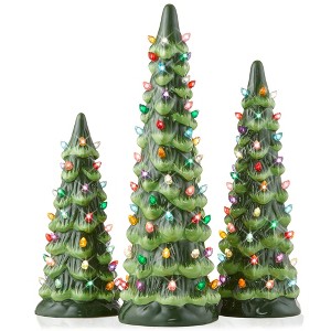 Casafield Set of 3 - 8, 10, 12-Inch Hand Painted Ceramic Christmas Trees - Pre-Lit Trees with Lights - 1 of 4