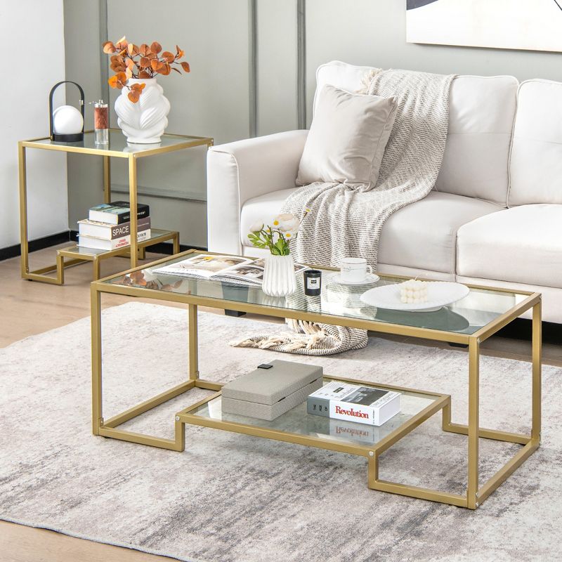 Costway Coffee Table Set of 3 Glass Modern Coffee Table & 2 Accent Table for Living Room, 4 of 11