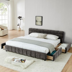KWPZQEB King Size Platform Bed Frame with Fabric Upholstered Headboard and 4 Drawers, Wooden Slats Support, No Box Spring Needed, Easy Assembly - 1 of 4