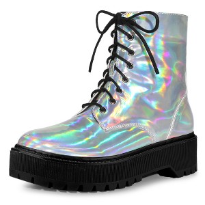 Allegra K Women's Round Toe Platform Lace Up Colorful Combat Ankle Boots - 1 of 4