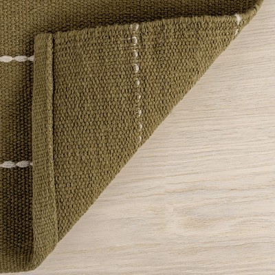 Handmade Olive Green Wool and Cotton Striped Rectangular Rug