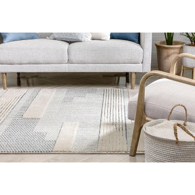 Blue and Beige Geometric Synthetic 5' x 7' Area Rug