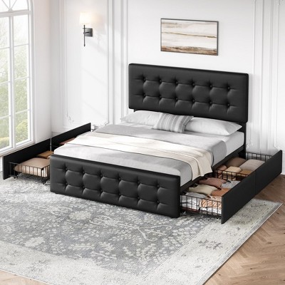 Bed Frame with 4 Storage Drawers and Headboard, Linen Upholstered Platform Bed Frame with Wooden Slats Support