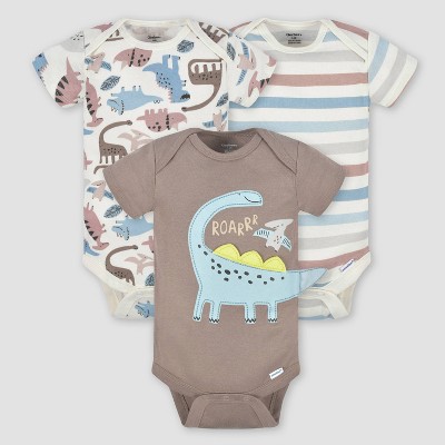 Image of Gerber Baby Boys' 3pk Dino Short Sleeve Onesies - White/Brown 0-3M