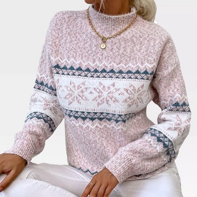 Damski sweter z golfem z motywem śnieżynek i świątecznym wzorem, długi rękaw, dzianina, 4 z 7