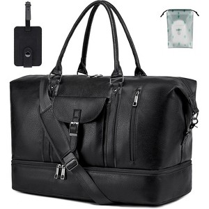 Waterproof Faux Leather Travel Duffel Bag with Shoes Compartment, Large Weekender Overnight Carry-On Tote with Luggage Strap - 1 of 4