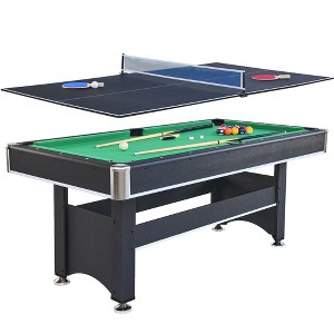 6-FT Pool Table with Table Tennis Top, 2-in-1 Multi Game Table with Net, 2 Table Tennis Paddles , 2 Balls and 2 Wood Cues, 15 Balls + 1 White Ball - 1 of 4