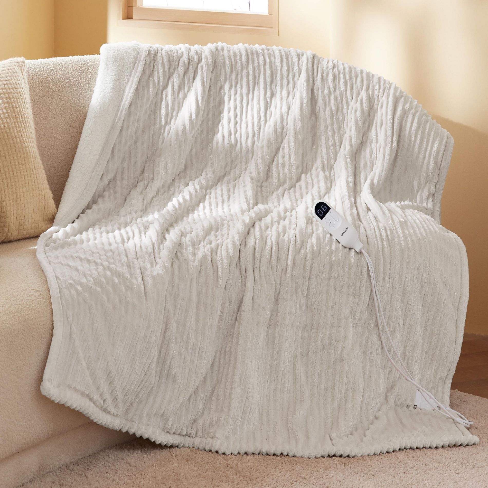 Electric Heated Blanket Soft & Washable Ribbed Flannel Throw Size Cream - Bedsure