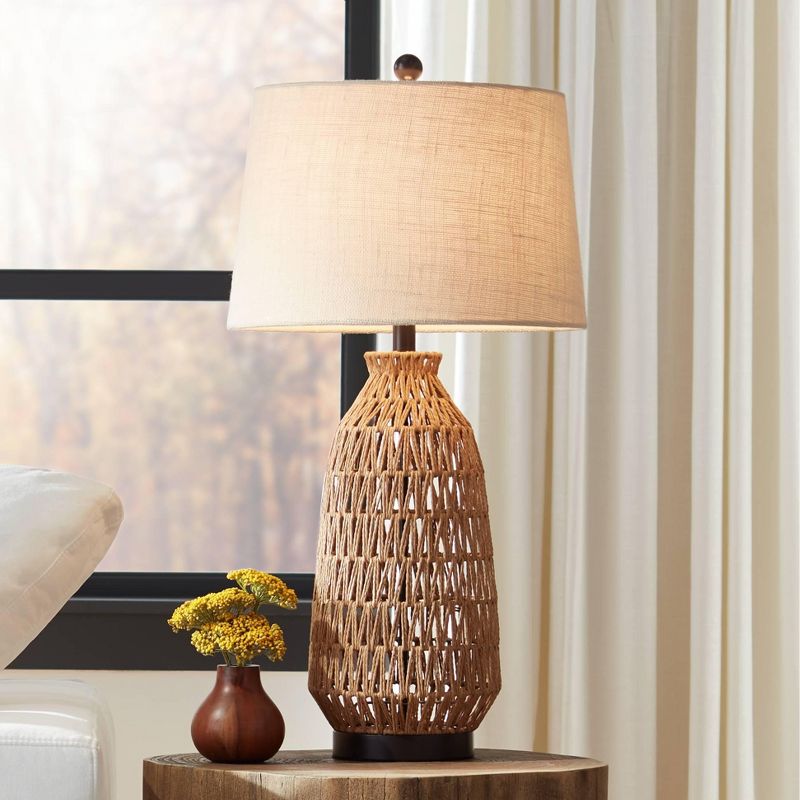 360 Lighting San Carlos Modern Coastal Table Lamp 29" Tall Natural Rattan Wicker Oatmeal Fabric Drum Shade for Bedroom Living Room Bedside Nightstand, 2 of 10