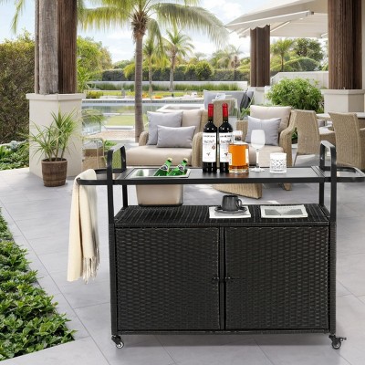 Wicker Outdoor Bar Serving Cart,Wicker Bar Cart With Cabinet,Lockable Wheels,Steel Frame Rolling Cart For Garden Backyard-Coolbibila