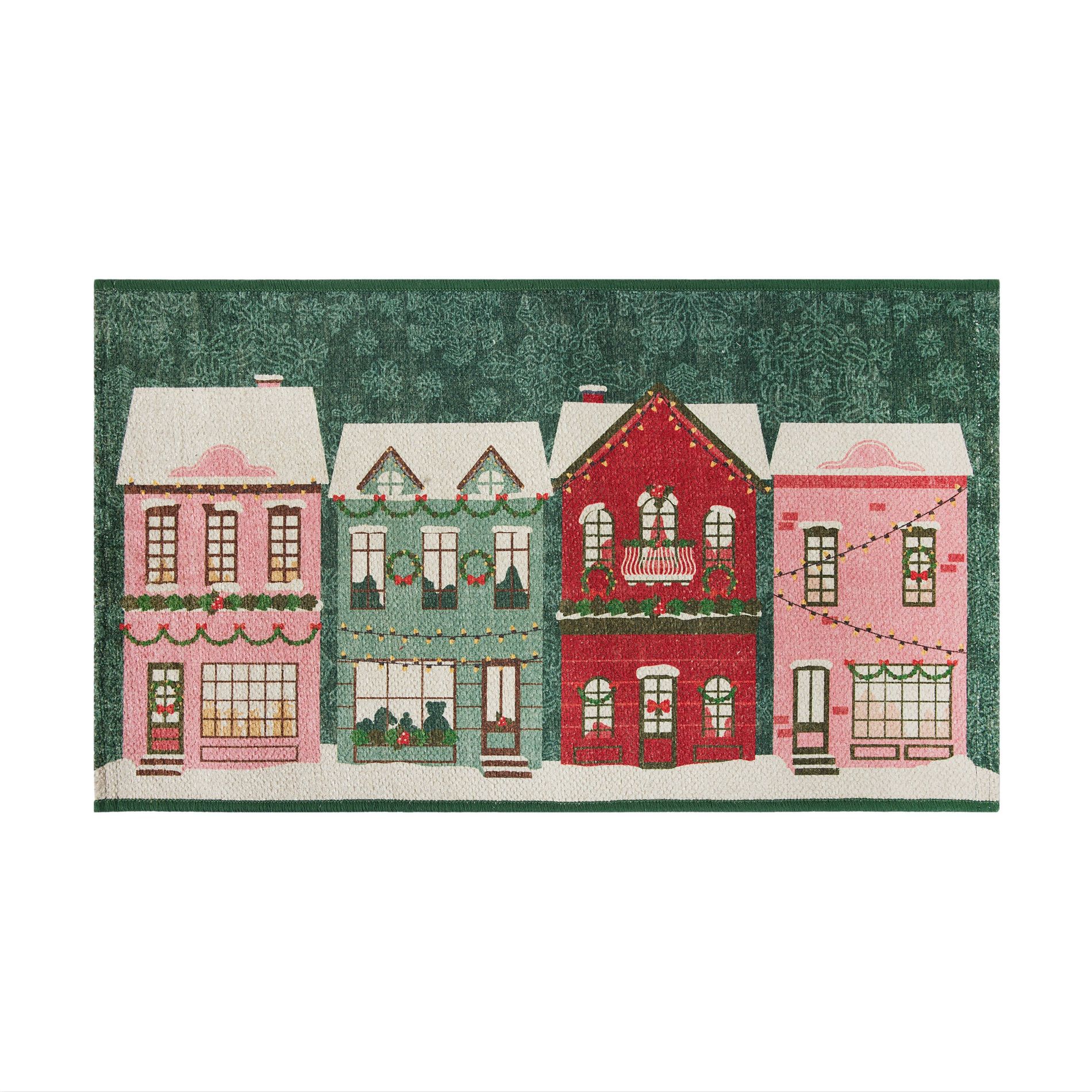 20"x34" Holiday Snowy Houses Scatter Rug Green