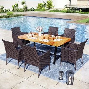 Captiva Designs 7Pc Patio Dining Oil Finished Tabletop Acacia Wood Table & Rattan Chairs - 1 of 4