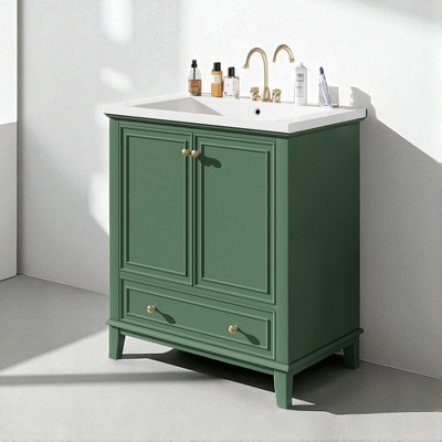 30" Bathroom Vanity with Sink – Freestanding Cabinet with Drawer & Adjustable Shelf, Solid Wood & MDF, Ceramic Top Included