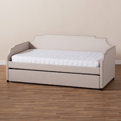 Beige Twin Upholstered Daybed with Nailhead Trim and Trundle