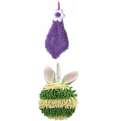 REGALWOVEN 2 Packs Soft Absorbent Flower and Rabbit Shape Decorative Chenille Hand Towel for Bathroom 6" x 15"/7" x 7"
