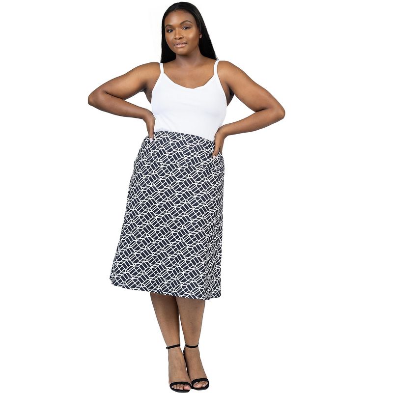 24seven Comfort Apparel Plus Size Black Geometric Print Comfortable Elastic Waist Knee Length Skirt, 4 of 7