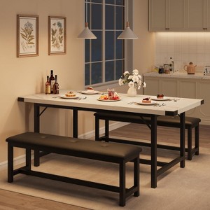 63" Extendable Dining Table Set for 4-6 People — 3-Piece Kitchen Set with 2 Upholstered Benches, Farmhouse Style, Marble White, for Kitchen - 1 of 4