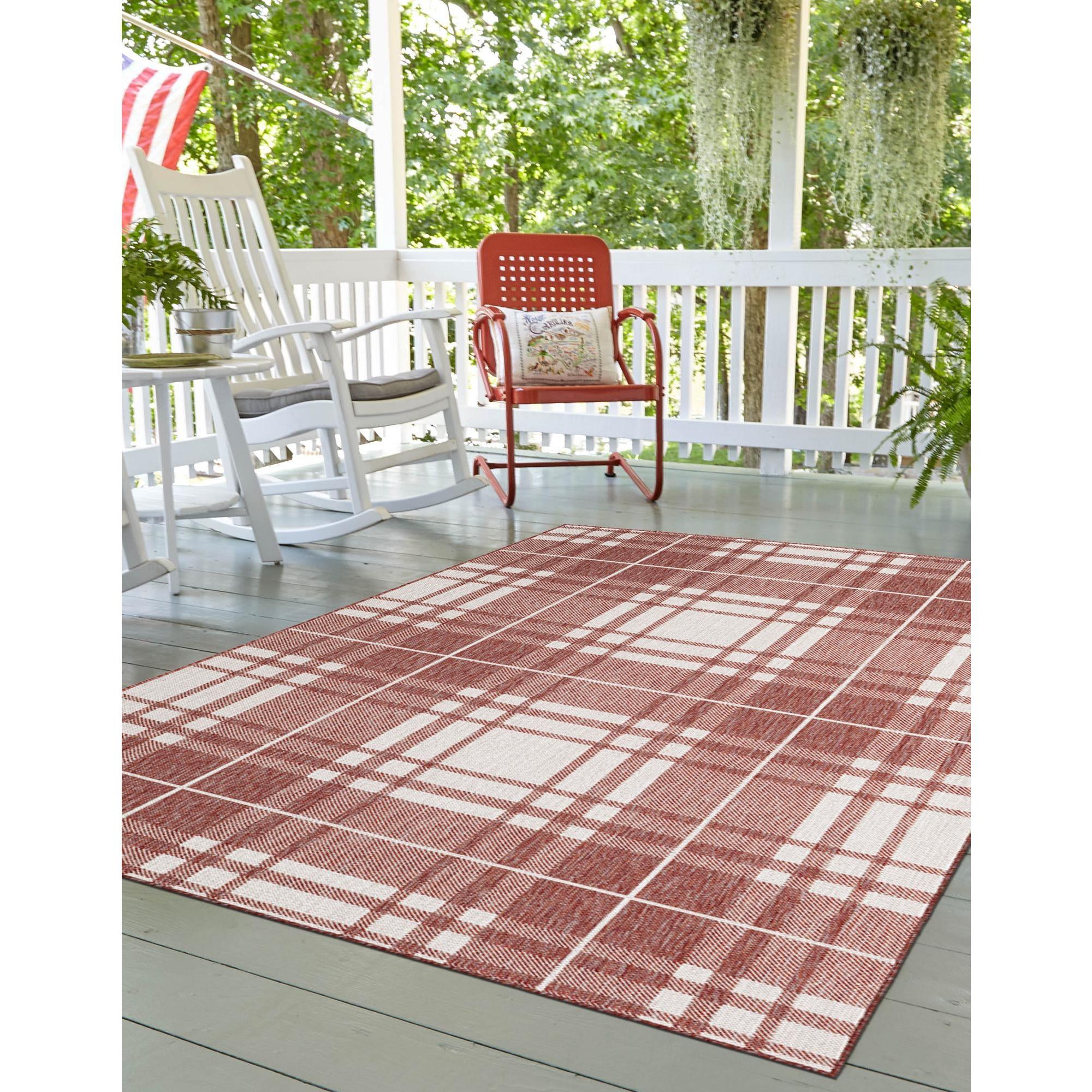 Unique Loom Outdoor Checkered Collection- Buffalo Plaid Area Rug (4' 1" x 6' 1" Rectangle Red/Ivory)