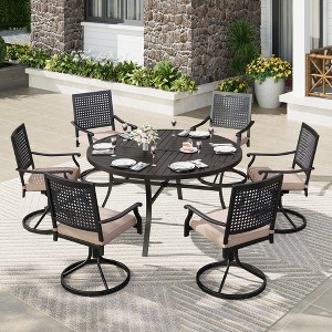 Captiva Designs 7pc Black Round Slatted Steel Table with Umbrella Hole& Metal Armrest Chairs - 1 of 4