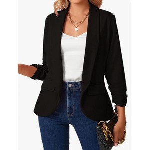 Womens Blazer 3/4 Ruched Sleeve Shawl Collar Business Work Blazers Open Front Casual Jackets with Pocket - 1 of 1
