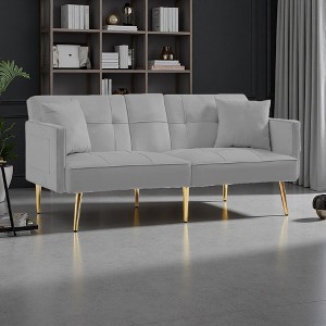 Velvet Futon Sofa Bed with Gold Legs & Cup Holders - 1 of 4
