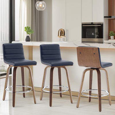 Bekrvio 26"/29" Swivel Bar Stools Set of 1/2/3/4, Faux Leather Upholstered Counter Chairs with Wood Legs, Mid-Century Seating for Kitchen Island