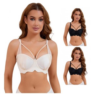 INSPIRE CHIC 3 Pcs Women's Soft Underwire Front Cross Lightly Adjustable Straps Training Minimizers Bras 2 Black 1 White 34B - 1 of 4