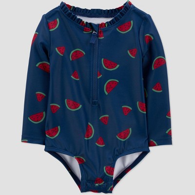 Image of Carter's Just One You® Baby Girls' Long Sleeve Watermelon One Piece Rash Guard - Red/Navy Blue 18M