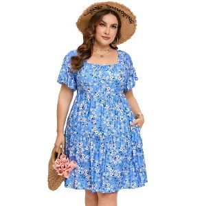 Coolmee Womens Plus Size Summer Midi Dresses Casual Ruffle Sleeve Tiered Swing Sundress with Pockets - 1 of 4