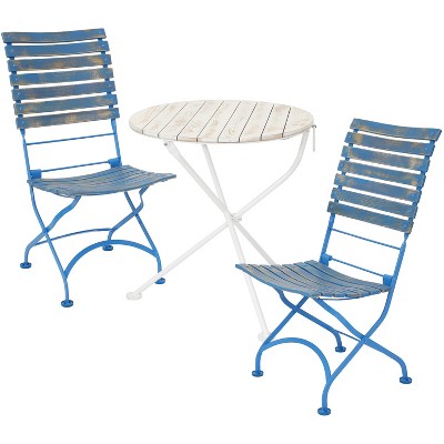 Sunnydaze Indoor/Outdoor Shabby Chic Café Chestnut Wood Folding Bistro Table and Chairs - Blue - 3pc