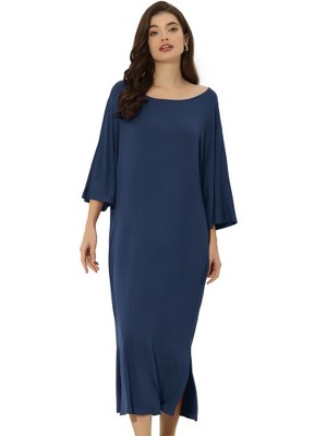 cheibear Women's Soft Three Quarter Sleeve Solid Slit Hem Pajama Dress
