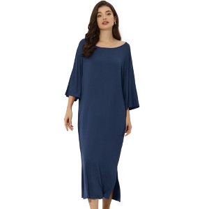 cheibear Women's Soft Three Quarter Sleeve Solid Slit Hem Pajama Dress - 1 of 4