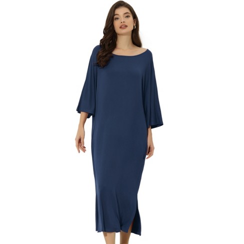 cheibear Women's Sleepshirt Pajama Dress Long Sleeves with Pockets Henley  Lounge Nightgown Blue Large