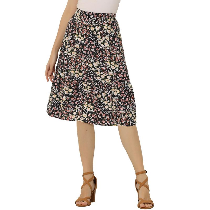 Allegra K Women's Floral Print Ruffle Hem High Elastic Waist Casual A-Line Midi Skirt, 1 of 6