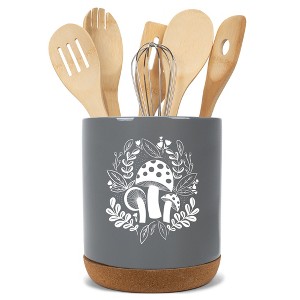 Elanze Designs 8 inch Floral Mushroom Leaf Large Ceramic Kitchen Utensil Holder Gray and White Crock with Cork Base - 1 of 4
