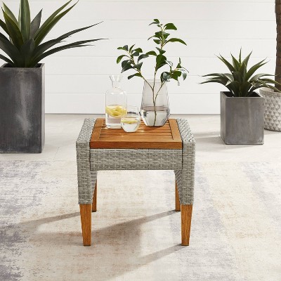 Gray and Acorn Wicker Outdoor Side Table with Steel Top