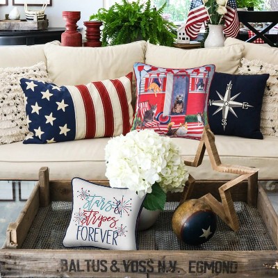 Patriotic Red White and Blue Cotton Cat Throw Pillow 18" x 18"