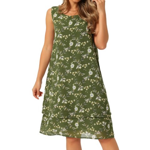 Женские платья INSPIRE CHIC Women's Chiffon Sleeveless Floral Print Crewneck Tiered Layered Flowy Dress Large Green